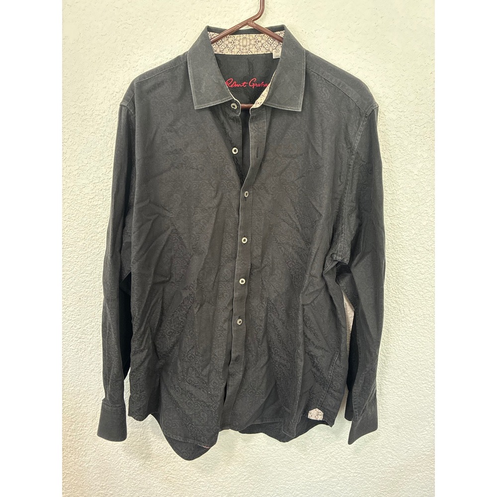 Robert Graham Mens XL Black Paisley Jacquard Button Down Shirt Skull Trim XL